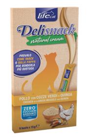 Ласощі для котів Кремові стіки LifeCat Delisnack на основі м’яса курки з додаванням м’яса зелених мідій та кіноа 1\6 шт\уп