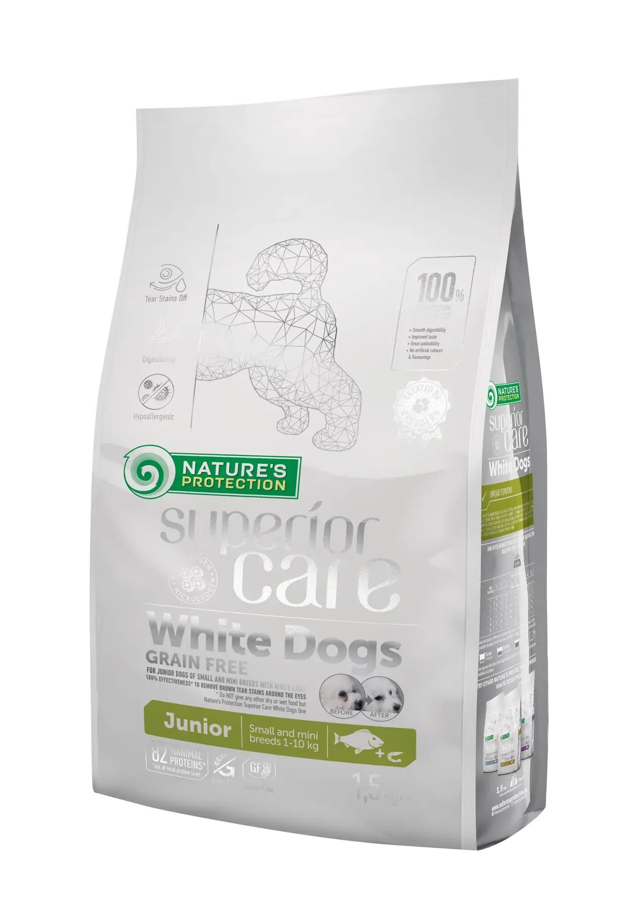 Сухий корм для собак Nature's Protection White Dogs Grain Free Junior Small and Mini Breeds (White Fish) для цуценят малих порід з білим забарвленням шерсті з білою рибою1.5kg