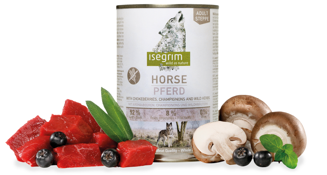 ISEGRIM Horse pure with Chokeberries, Champignons & Wild Herbs 400g Конина з горобиною, грибами та дикорослими травами